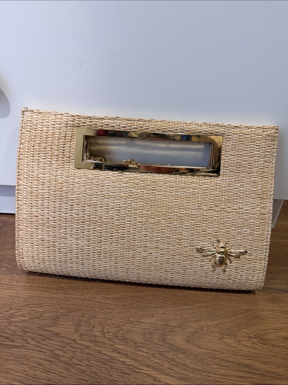 Lisi lerch Woven Straw Clutch with Gold Bee Accent